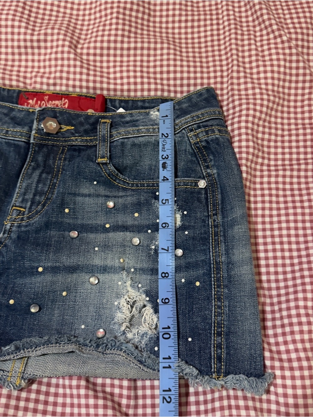 Distressed Dark Blue Denim Mini Skirt with Stud Embellishments - Picture 6 of 7